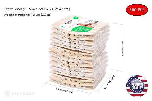 Eldorado Clothespins - 300 PCS. Standard Natural Wooden, Stain Proof, 3 inch, for Multipurpose Everyday Laundry, Clothes, Towels, Craft, Photos, Pictures, Decor, Baby Shower, Art Wall (300)