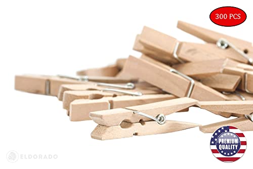 Eldorado Clothespins - 300 PCS. Standard Natural Wooden, Stain Proof, 3 inch, for Multipurpose Everyday Laundry, Clothes, Towels, Craft, Photos, Pictures, Decor, Baby Shower, Art Wall (300)