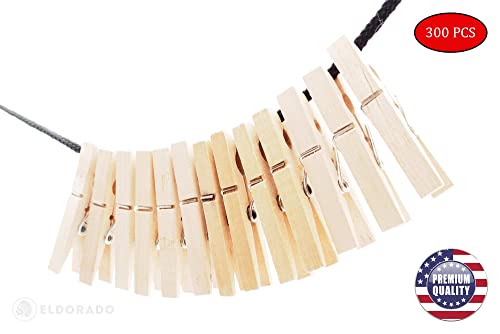 Eldorado Clothespins - 300 PCS. Standard Natural Wooden, Stain Proof, 3 inch, for Multipurpose Everyday Laundry, Clothes, Towels, Craft, Photos, Pictures, Decor, Baby Shower, Art Wall (300)