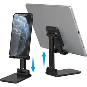 foldable phone stand for desk, height adjustable desktop cell phone holder portable aluminum tablet holder dock compatible with iphone 14 13 12 pro max 11 xs xr 8 plus ipad galaxy smartphone, black