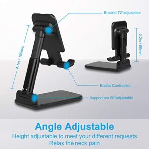 Foldable Phone Stand for Desk, Height Adjustable Desktop Cell Phone Holder Portable Aluminum Tablet Holder Dock Compatible with iPhone 14 13 12 Pro Max 11 XS XR 8 Plus iPad Galaxy Smartphone, Black