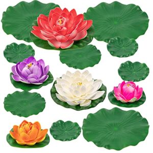 WhistenFla Artificial Lily Pads for Pond, 11in & 6in Artificial Flowers Floating Foam Lotus Flower with Fake Lily Pads, for Pool Garden Koi Fish Pond Aquarium Pool Wedding Decor, 14PCS