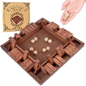 Shut The Box Game Wooden 4 Player, Classic Board Game for Kids & Adults, Educational Math Learning Toy, Table Dice Game for The Party Family or Bar - 12 Inch with 8 Dice