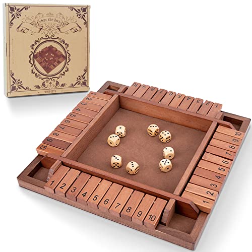 Shut The Box Game Wooden 4 Player, Classic Board Game for Kids & Adults, Educational Math Learning Toy, Table Dice Game for The Party Family or Bar - 12 Inch with 8 Dice