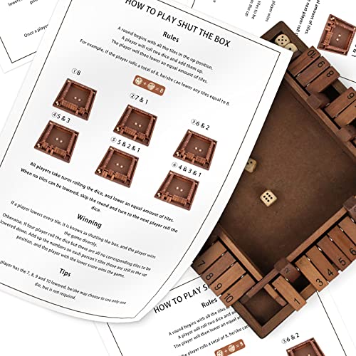 Shut The Box Game Wooden 4 Player, Classic Board Game for Kids & Adults, Educational Math Learning Toy, Table Dice Game for The Party Family or Bar - 12 Inch with 8 Dice