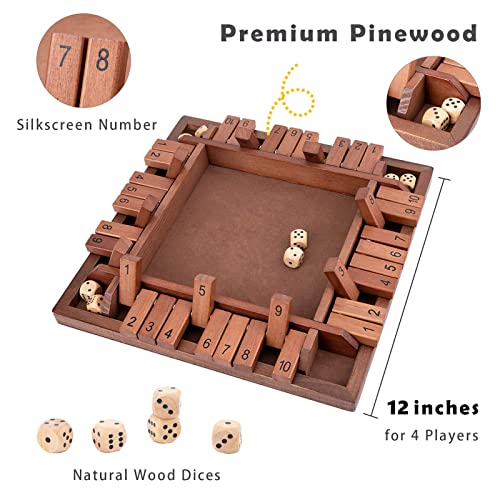 Shut The Box Game Wooden 4 Player, Classic Board Game for Kids & Adults, Educational Math Learning Toy, Table Dice Game for The Party Family or Bar - 12 Inch with 8 Dice