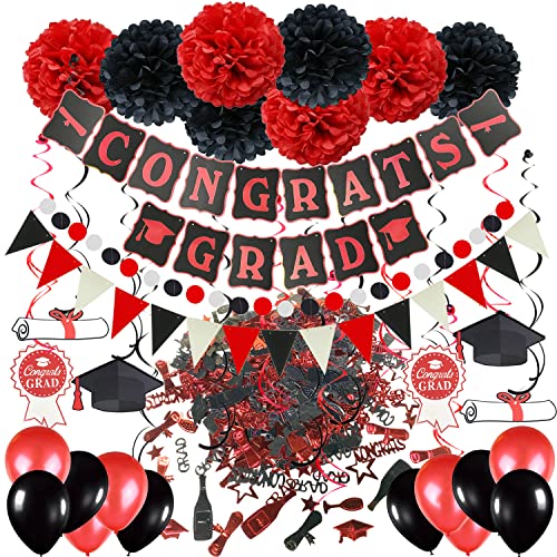 ZERODECO Graduation Decorations, Black and Red Congrats Grad Banner Paper Pompoms Hanging Swirls Graduation Confetti Paper Garland Party Balloons for Grad Party Decoration Supplies