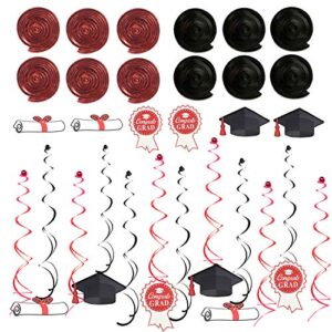 ZERODECO Graduation Decorations, Black and Red Congrats Grad Banner Paper Pompoms Hanging Swirls Graduation Confetti Paper Garland Party Balloons for Grad Party Decoration Supplies