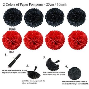 ZERODECO Graduation Decorations, Black and Red Congrats Grad Banner Paper Pompoms Hanging Swirls Graduation Confetti Paper Garland Party Balloons for Grad Party Decoration Supplies