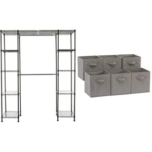 amazon basics expandable metal hanging storage organizer rack wardrobe with shelves, 14"-63" x 58"-72", bronze & collapsible fabric storage cubes organizer with handles, gray - pack of 6