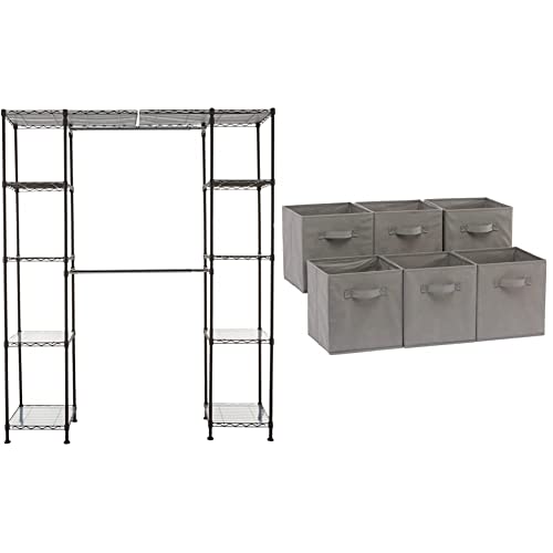 Amazon Basics Expandable Metal Hanging Storage Organizer Rack Wardrobe with Shelves, 14"-63" x 58"-72", Bronze & Collapsible Fabric Storage Cubes Organizer with Handles, Gray - Pack of 6