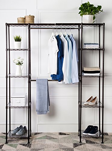 Amazon Basics Expandable Metal Hanging Storage Organizer Rack Wardrobe with Shelves, 14"-63" x 58"-72", Bronze & Collapsible Fabric Storage Cubes Organizer with Handles, Gray - Pack of 6