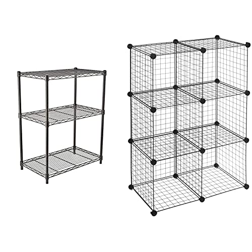 Amazon Basics 3-Shelf Adjustable, Heavy Duty Storage Shelving Unit, Steel Organizer Wire Rack, Black & 6 Cube Grid Wire Storage Shelves, Black