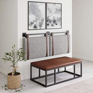 Nathan James Harlow Modern Wall Mount Hanging Upholstered Headboard, King, Gray with Brown Faux Leather Straps