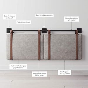 Nathan James Harlow Modern Wall Mount Hanging Upholstered Headboard, King, Gray with Brown Faux Leather Straps