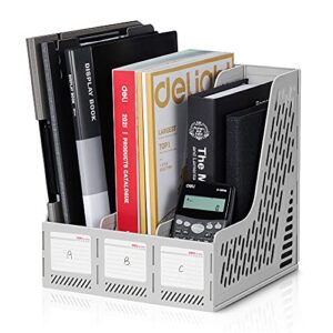 deli magazine file holder, desk organizer file folder for office organization and storage, sturdy plastic binder organizer, 3 vertical compartments, gray