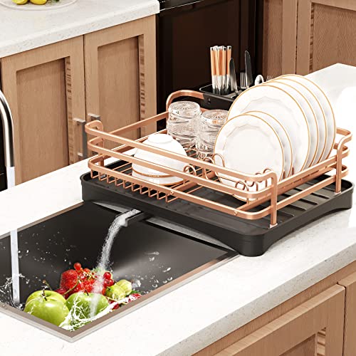 XILIDIA Dish Drying Rack with Drainboard, Aluminum Rust Proof Dish Dryer Rack with Removable Cutlery Holder and Drain Strainers for Kitchen Counter