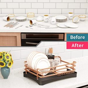 XILIDIA Dish Drying Rack with Drainboard, Aluminum Rust Proof Dish Dryer Rack with Removable Cutlery Holder and Drain Strainers for Kitchen Counter