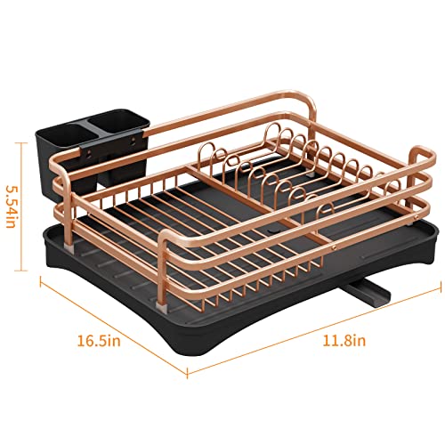 XILIDIA Dish Drying Rack with Drainboard, Aluminum Rust Proof Dish Dryer Rack with Removable Cutlery Holder and Drain Strainers for Kitchen Counter