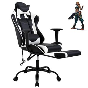 gaming chair high back computer gaming chair with footrest, ergonomic game chair pu leather racing office chair adjustable task chair w/headrest armrest & massage function lumbar support-white