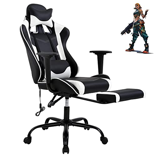 Gaming Chair High Back Computer Gaming Chair with Footrest, Ergonomic Game Chair PU Leather Racing Office Chair Adjustable Task Chair w/Headrest Armrest & Massage Function Lumbar Support-White