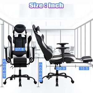 Gaming Chair High Back Computer Gaming Chair with Footrest, Ergonomic Game Chair PU Leather Racing Office Chair Adjustable Task Chair w/Headrest Armrest & Massage Function Lumbar Support-White