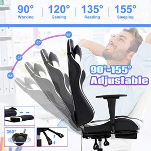 Gaming Chair High Back Computer Gaming Chair with Footrest, Ergonomic Game Chair PU Leather Racing Office Chair Adjustable Task Chair w/Headrest Armrest & Massage Function Lumbar Support-White