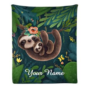 cuxweot custom blanket with name text,personalized cute sloths super soft fleece throw blanket for couch sofa bed (50 x 60 inches)