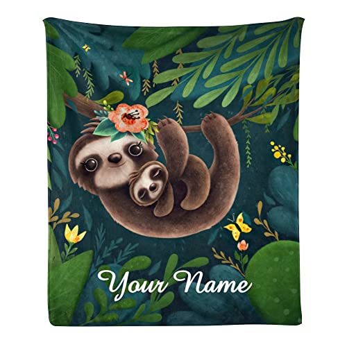 CUXWEOT Custom Blanket with Name Text,Personalized Cute Sloths Super Soft Fleece Throw Blanket for Couch Sofa Bed (50 X 60 inches)