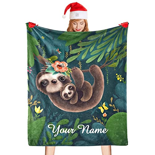 CUXWEOT Custom Blanket with Name Text,Personalized Cute Sloths Super Soft Fleece Throw Blanket for Couch Sofa Bed (50 X 60 inches)