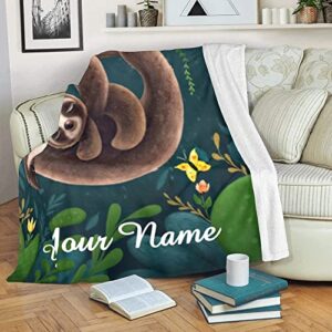 CUXWEOT Custom Blanket with Name Text,Personalized Cute Sloths Super Soft Fleece Throw Blanket for Couch Sofa Bed (50 X 60 inches)