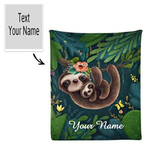 CUXWEOT Custom Blanket with Name Text,Personalized Cute Sloths Super Soft Fleece Throw Blanket for Couch Sofa Bed (50 X 60 inches)