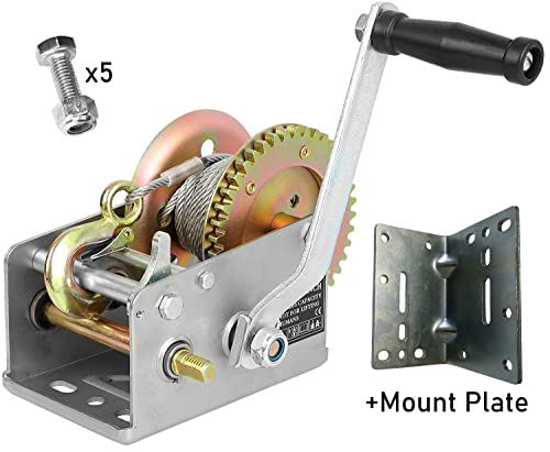 Trailer Winch – Durable Hand Crank – 3500 lbs Hand Winch with Cable + Mounting Plate and 5 Bolts