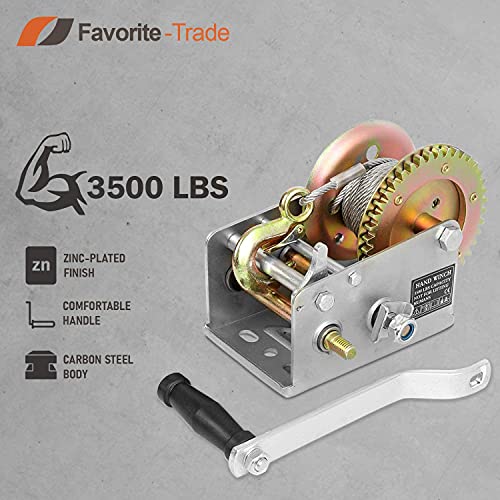 Trailer Winch – Durable Hand Crank – 3500 lbs Hand Winch with Cable + Mounting Plate and 5 Bolts