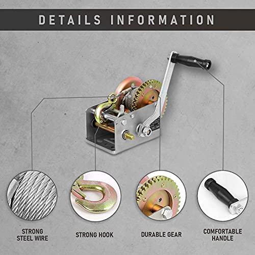 Trailer Winch – Durable Hand Crank – 3500 lbs Hand Winch with Cable + Mounting Plate and 5 Bolts