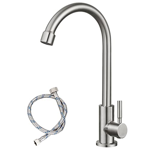 Brushed Nickel Kitchen Faucet Cold Water Only 1 Hole Single Handle 360 Degree Swivel Spout Deck Mount High Arc SUS304 Sink Bar Tap Goose Neck with Hose and Longer Thread Pipe