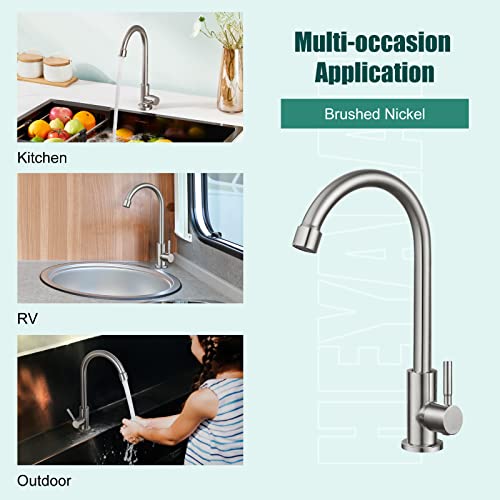 Brushed Nickel Kitchen Faucet Cold Water Only 1 Hole Single Handle 360 Degree Swivel Spout Deck Mount High Arc SUS304 Sink Bar Tap Goose Neck with Hose and Longer Thread Pipe