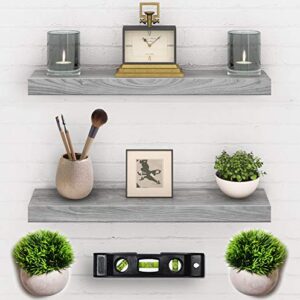 Set of 2 Floating Shelves - Real Wood Mounted Wall Shelf - Kitchen/Bathroom/Bedroom/Bedrooms/Living Room - 24in x 5.5in x 1.5in Hanging Shelf - Paulownia W/Gray Finish - Mounts & Level Tool Included