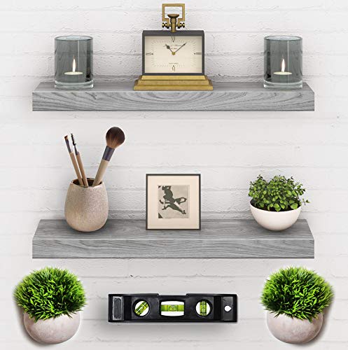 Set of 2 Floating Shelves - Real Wood Mounted Wall Shelf - Kitchen/Bathroom/Bedroom/Bedrooms/Living Room - 24in x 5.5in x 1.5in Hanging Shelf - Paulownia W/Gray Finish - Mounts & Level Tool Included