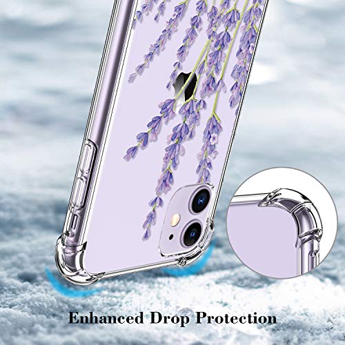 LUXVEER iPhone 11 Case with Tempered Glass Screen Protector,Floral Flower Pattern on Soft Clear TPU Cover for Girls Women,Slim Fit Protective Phone Case for Apple iPhone 11 6.1 inch Purple Lavender