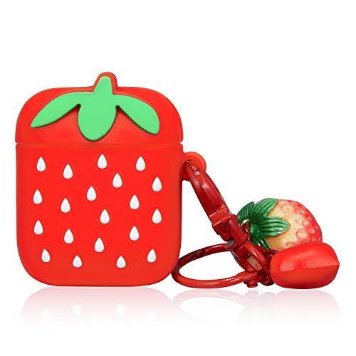 Oqplog for AirPod 2&1 Case, Protective Soft Silicone Funny Cute Fun Fashion Cover for Girls Kids Teens Air Pods, Cool Fruit Shockproof Design Skin Accessories Cases for Airpods 1/2 - Strawberry Chain