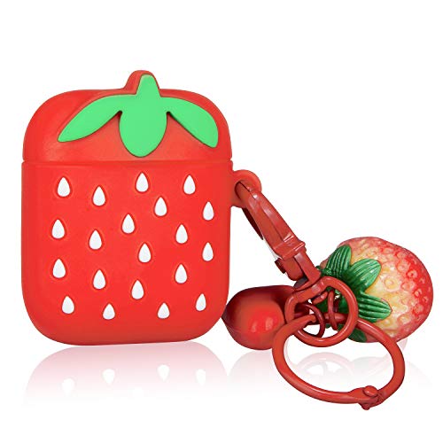 Oqplog for AirPod 2&1 Case, Protective Soft Silicone Funny Cute Fun Fashion Cover for Girls Kids Teens Air Pods, Cool Fruit Shockproof Design Skin Accessories Cases for Airpods 1/2 - Strawberry Chain