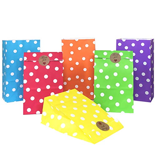 Artseen 30pcs Medium Paper Bags, 6 Colors Party Favor Goody Bag for Birthday Gift, Wedding and Party Celebrations (30 CT, 5.1 X 3.1 X 9.4 inches),with 36 pcs Colors Stickers. Polka Dot