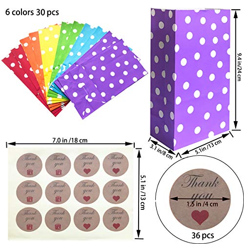 Artseen 30pcs Medium Paper Bags, 6 Colors Party Favor Goody Bag for Birthday Gift, Wedding and Party Celebrations (30 CT, 5.1 X 3.1 X 9.4 inches),with 36 pcs Colors Stickers. Polka Dot