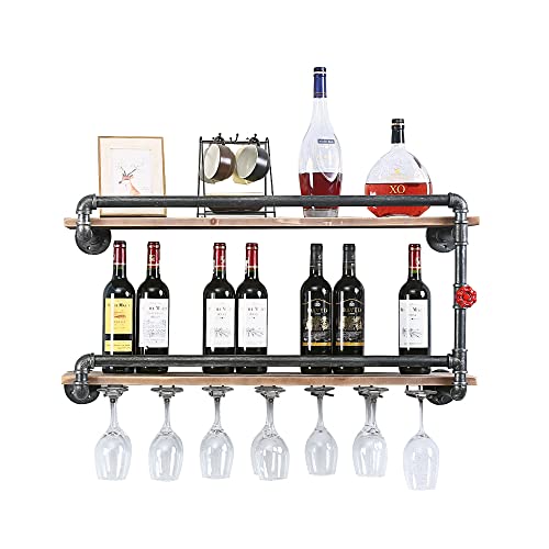 TANGGU Industrial Wine Racks Wall Mounted with 7 Stem Glass Holder,2-Tiers Rustic Metal Hanging Wine Holder,36in Wall Mount Bottle Holder,Pipe Shelves Kitchen/Living Room/Home Wood Wine Shelf