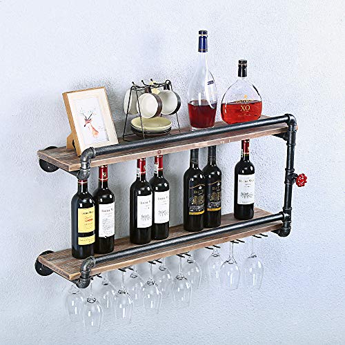 TANGGU Industrial Wine Racks Wall Mounted with 7 Stem Glass Holder,2-Tiers Rustic Metal Hanging Wine Holder,36in Wall Mount Bottle Holder,Pipe Shelves Kitchen/Living Room/Home Wood Wine Shelf