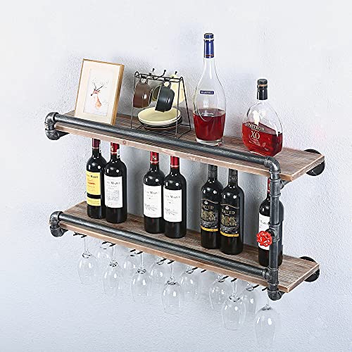 TANGGU Industrial Wine Racks Wall Mounted with 7 Stem Glass Holder,2-Tiers Rustic Metal Hanging Wine Holder,36in Wall Mount Bottle Holder,Pipe Shelves Kitchen/Living Room/Home Wood Wine Shelf