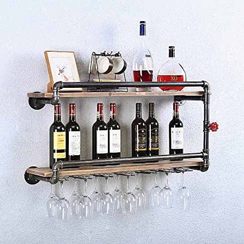 TANGGU Industrial Wine Racks Wall Mounted with 7 Stem Glass Holder,2-Tiers Rustic Metal Hanging Wine Holder,36in Wall Mount Bottle Holder,Pipe Shelves Kitchen/Living Room/Home Wood Wine Shelf