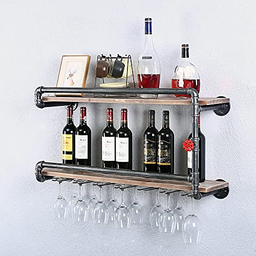 TANGGU Industrial Wine Racks Wall Mounted with 7 Stem Glass Holder,2-Tiers Rustic Metal Hanging Wine Holder,36in Wall Mount Bottle Holder,Pipe Shelves Kitchen/Living Room/Home Wood Wine Shelf