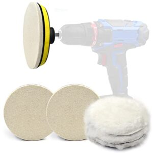 5 inch buffing wool pads 8pcs kits, felt polishing pad buffing wheel for drill woolen wax pad and hook & loop backing plate with 8mm m14 drill adapter for car & boat polishing, waxing, sealing, glaze